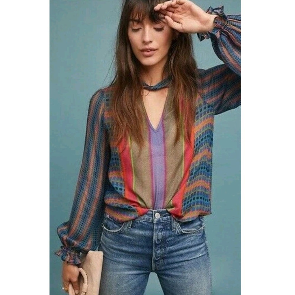 Anthropologie Conditions Apply Colorful Grid Print Cutout High Neck Blouse Sm